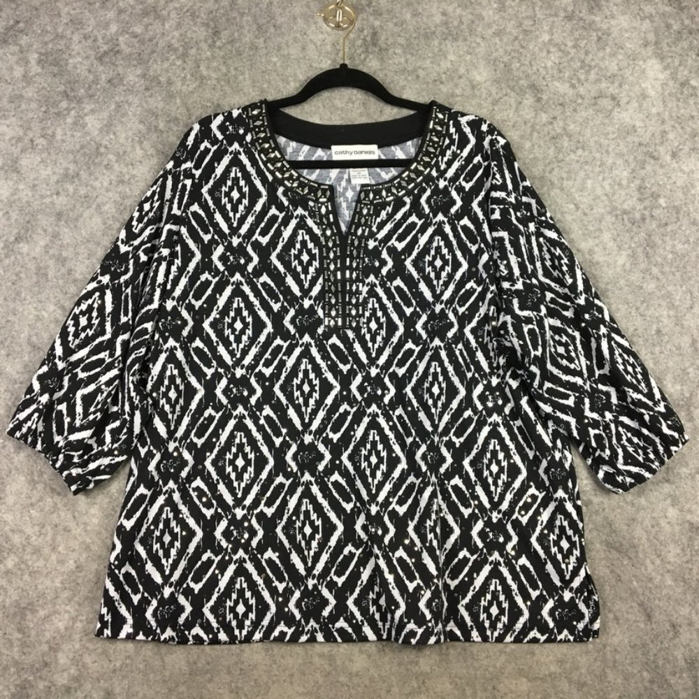 Cathy Daniels Top 2X Blouse 3/4 Sleeve Black Geo Print Embellished Beaded Career